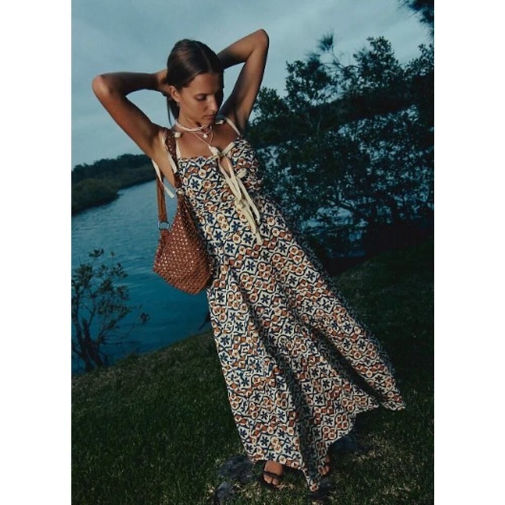 Free People Blue & Brown Tile-Print Maxi Dress